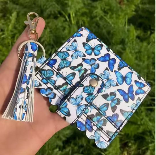 Blue Butterfly Print Wallet with ID Display Window and Tassel