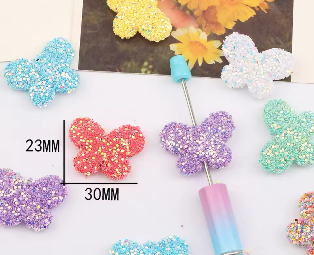 Butterfly Glitter Powder Effect 23x30mm Beads Mixed Bag of 5