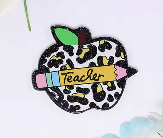 Teacher Leopard Apple Glitter Flatback